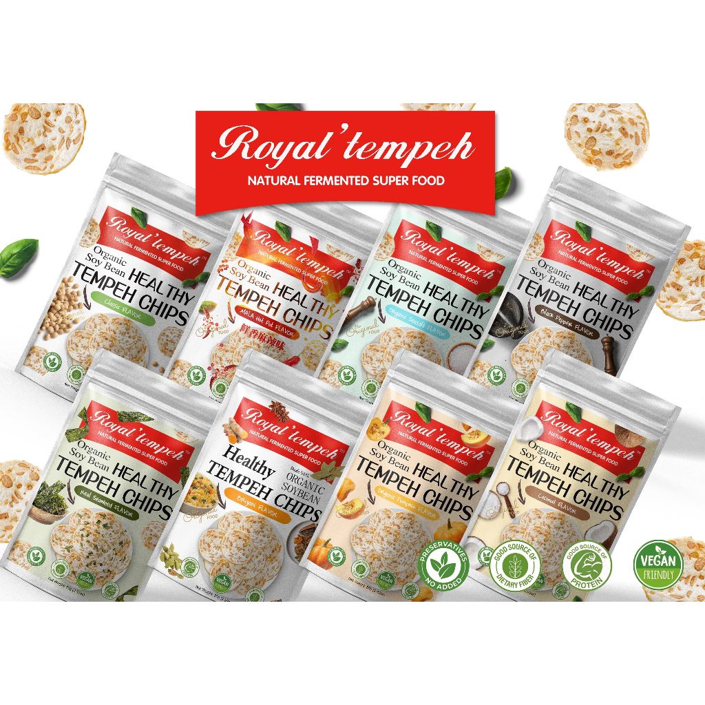 Healthy Tempeh Chips ผลิตจากถั่วเหลืองออร์แกนิก!! - โดย เทมเป้ของรอยัล - แพ็ค 8 รสชาติ - ของว่างเพื่