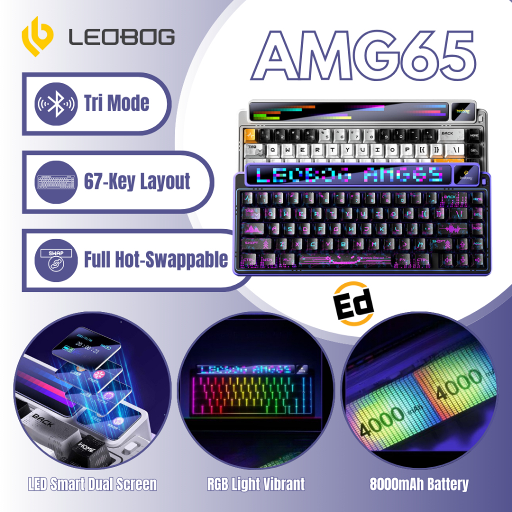 LEOBOG AMG65 Tri-Mode ปะเก็นคีย์บอร์ดแบบกลไก 65% เค้าโครง Hot-Swappable LED สมาร์ทหน้าจอคู่