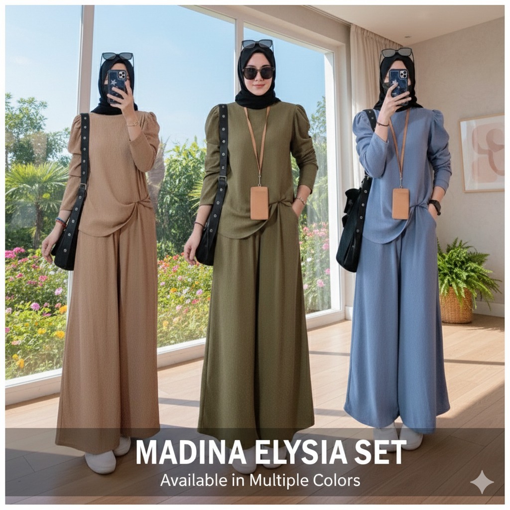 Set 3 in 1 Madina Womens Suit (Blouse+ Pants+ FREE BLACK SHAWL) วัสดุ Cey Italian Cotton Ironless