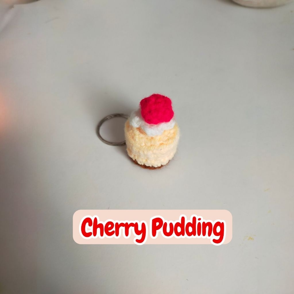 HANDMADE CROCHET DESSERT PANCAKE PUDDING CHERRY BUTTER KEYCHAIN