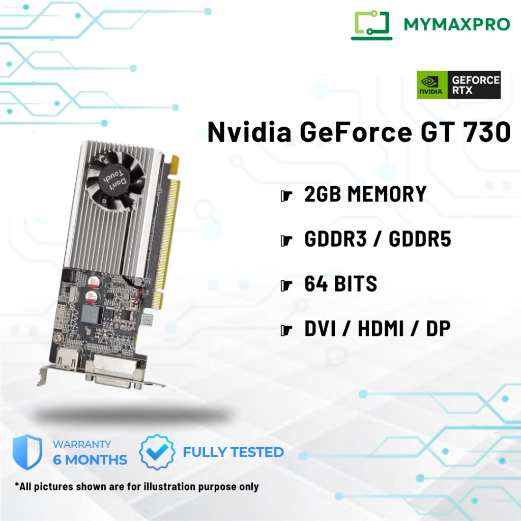 Nvidia GeForce GT 730 2GB 64Bits GDDR3 / GDDR5 พอร์ต DVI / HDMI / DP (REFURBISHED)