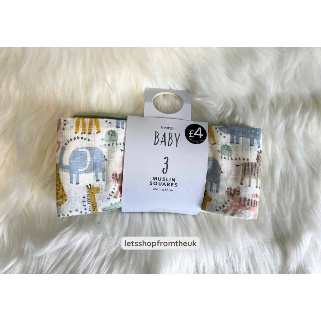 George Safari Animals Muslin Squares 3 Pack (Kids & Baby Wear From The UK)