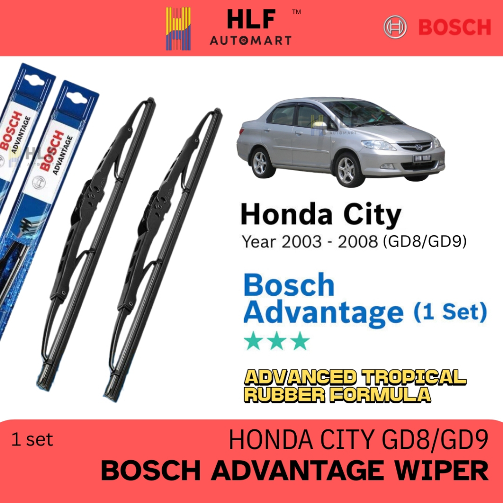 ชุดใบปัดน้ําฝน Bosch Advantage U Hook สําหรับ Honda City GD8/GD9 2003 - 2008 (24"/14")