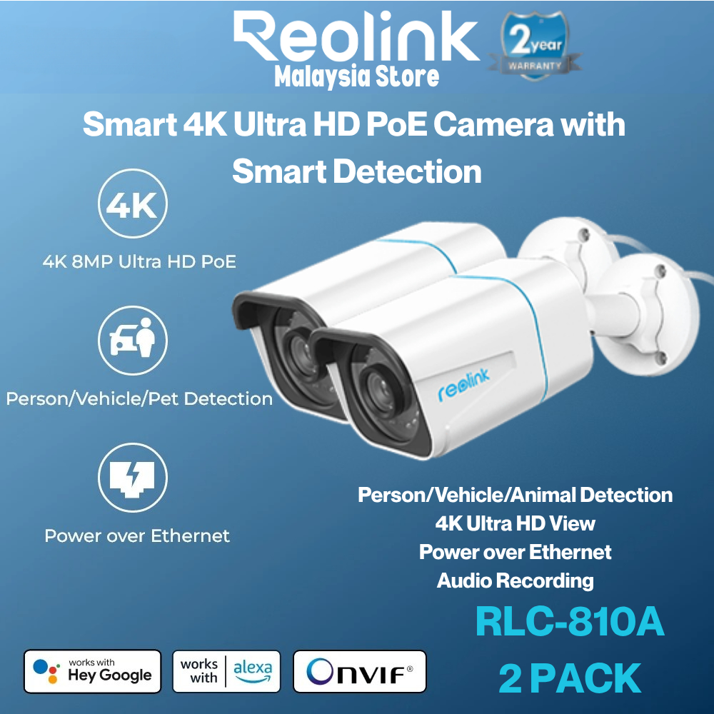 Reolink RLC-810A กล้องรักษาความปลอดภัย 4K PoE การตรวจจับมนุษย์/ยานพาหนะอัจฉริยะ IR Night Vision (2 แ