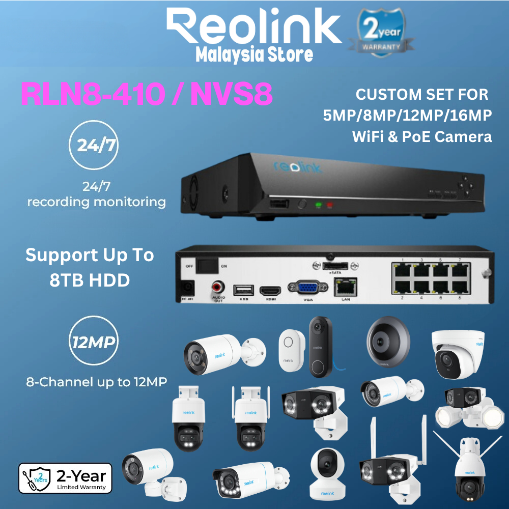 Reolink NVS8/ RLN8-410 รองรับ AI 8ch PoE NVR ระบบกล้อง Bullet การเฝ้าระวังวิดีโอ HD กลางแจ้ง