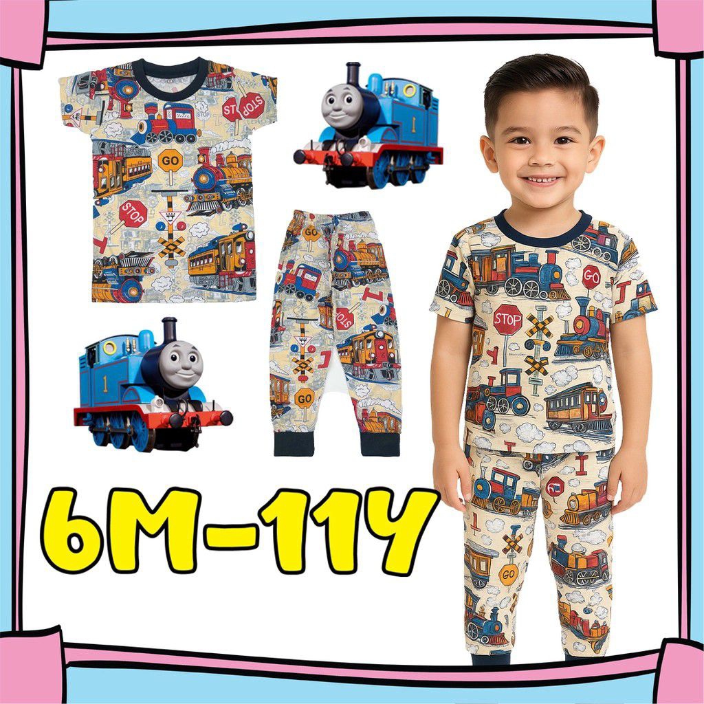 BAJU TIDUR SLEEPWEAR PIJAMA (6M-11Y) Beige TRAIN STOP Full Cotton Kids Pajama Hat Kereta Api