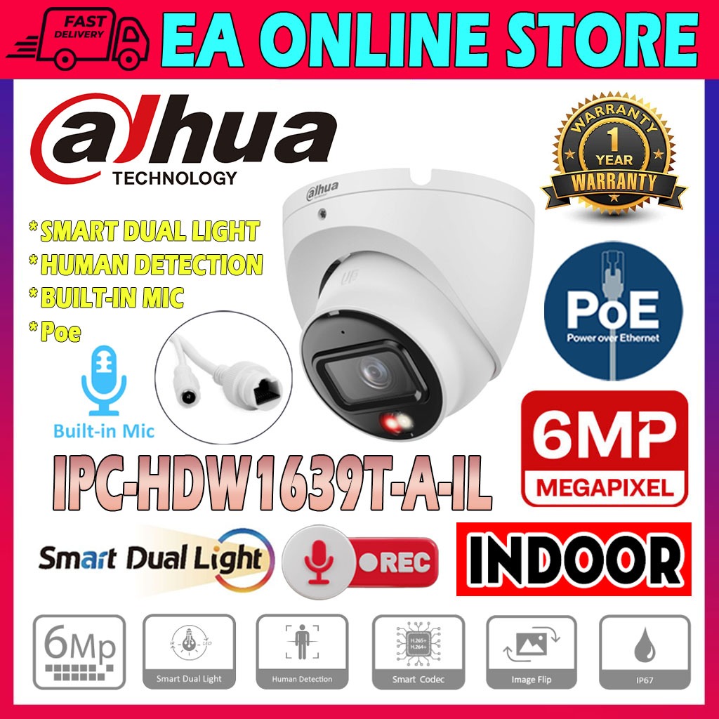 DAHUA IPC-HDW-1639T-A-IL 6.0MP POE IP เครือข่ายกล้องวงจรปิด 6MP HD โดมในร่มสมาร์ท Dual Light Mic Voi