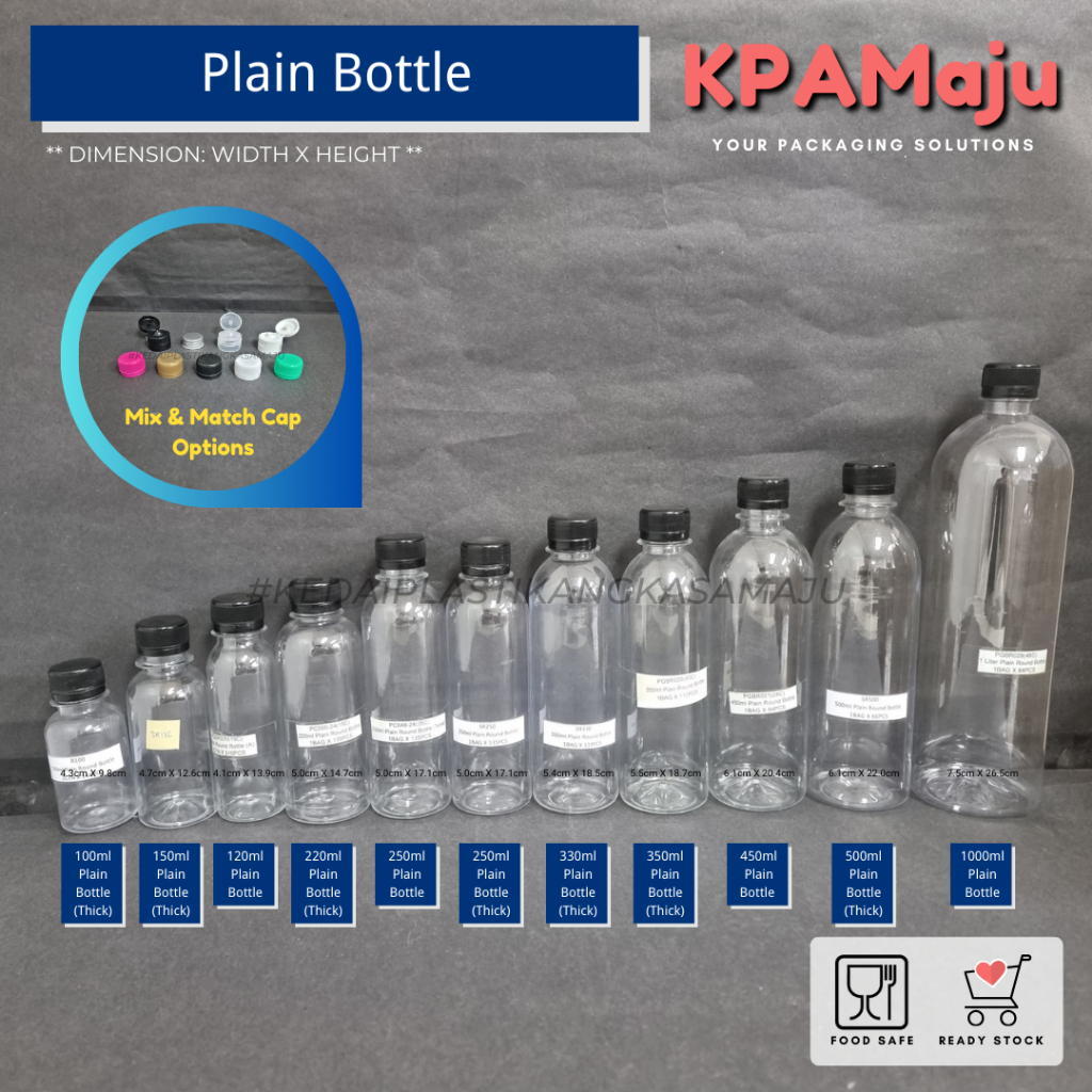 Botol Plastik + ฝาพลาสติก (120ml,220ml, 250ml) - พลาสติกขวดกลม ขวด PET, ขวดกาแฟ