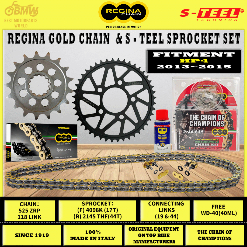 REGINA CHAIN + S-TEEL SPROCKET KIT BMW HP4 (2013–2015)|525 ZRP|118ล|17T / 44T|Z-Ring ปิดผนึก