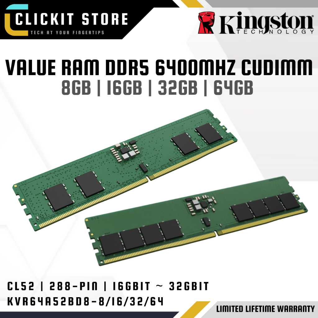KINGSTON VALUE DDR5 6400MHz CL52 CUDIMM เด็กสต็อป RAM | 8GB/16GB/32GB/64GB | KVR64A52BS8/ KVR64A52BD