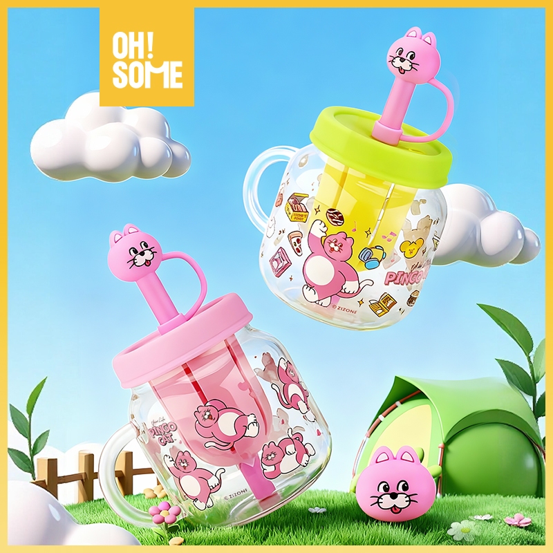 OHSOME x Zizone- Zizone Glass Straw Cup 720ml สีชมพู/เขียว Botol Minum Karakter Zizone สี Hijau/สีชม