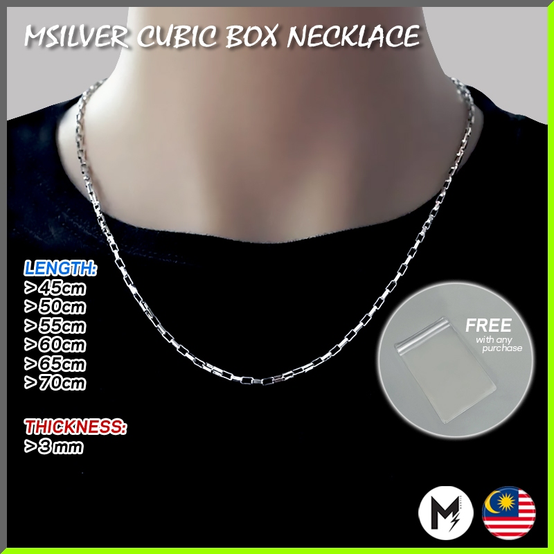 M.Silver Official Cubic Box Chain Stainless Steel Men Necklace Rantai Leher Lelaki Anti Karat Kalung