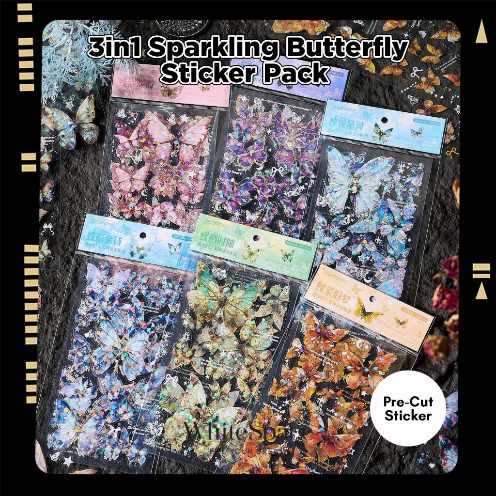 Whitespace 3 ชิ้นประกายผีเสื้อสติกเกอร์กันน้ํา Junk Journal สติกเกอร์ Scrapbooking Rama-Rama
