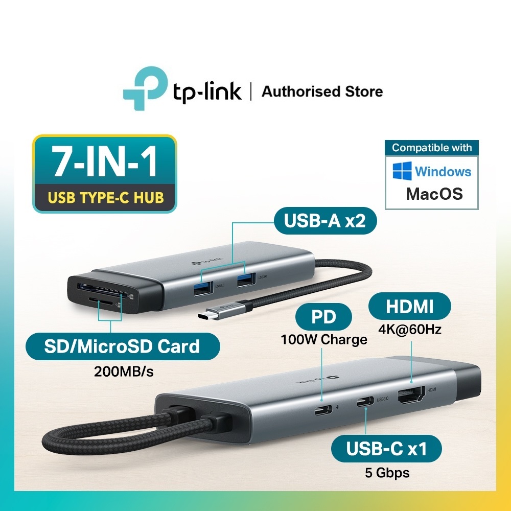 TP-Link UH7020C / UH7021C 7-In-1 USB-C Multi Hub Type-C 7-Port Adapter (4K HDMI/ SD & MicroSD/ PD100