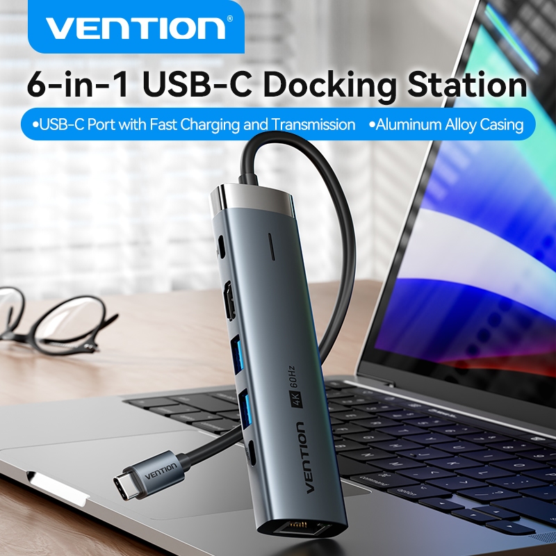 Vention ฮับ USB C 6-in-1/5-in-1, อะแดปเตอร์ Type-C เป็น HDMI พร้อมเอาต์พุต 4K 60Hz, พอร์ต USB 5Gbps,