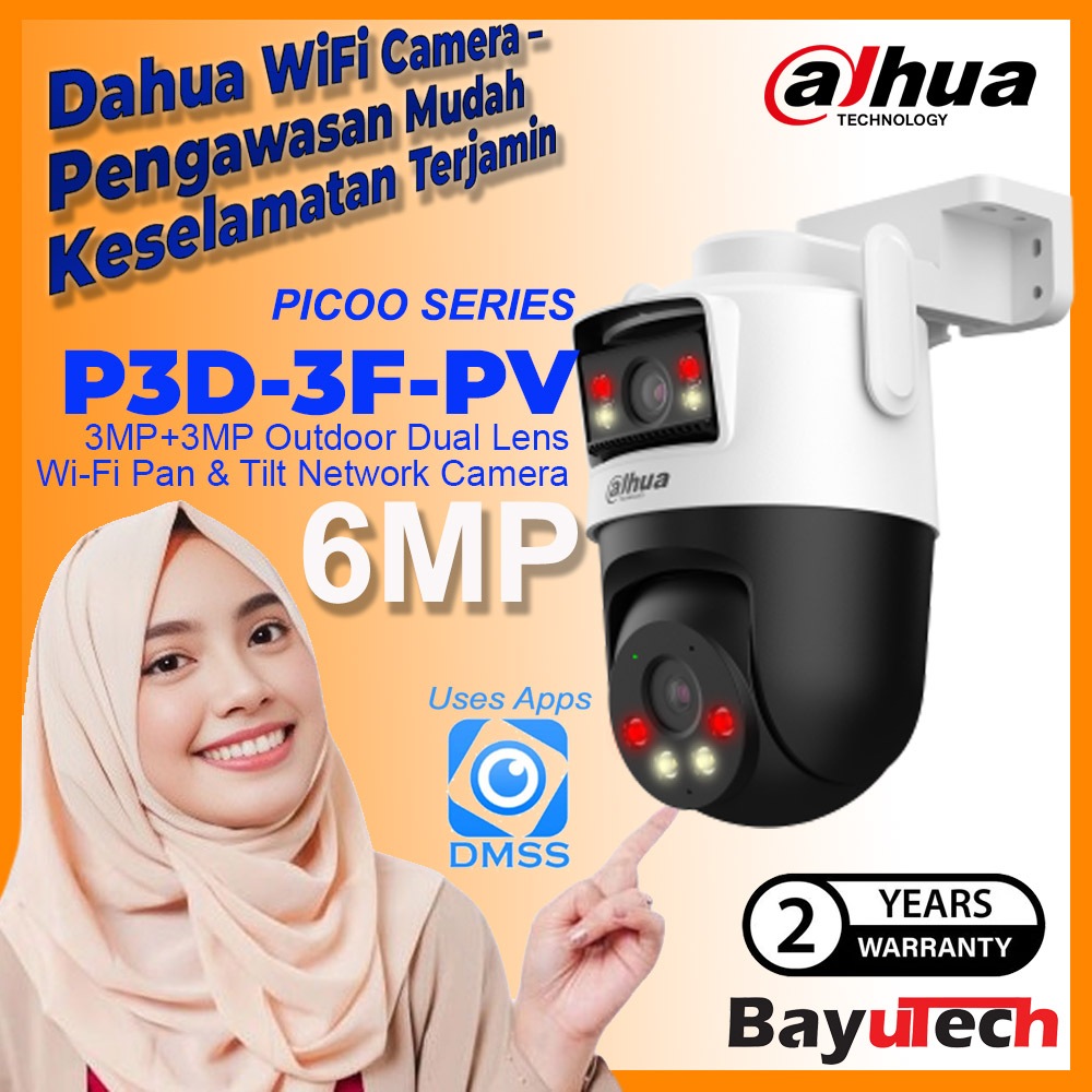 DAHUA PCOO P3D-3F-PV Dual Lens 3MP + 3MP H.265 การติดตามอัตโนมัติกลางแจ้ง Wi-Fi Pan & Tilt Alarm Nig