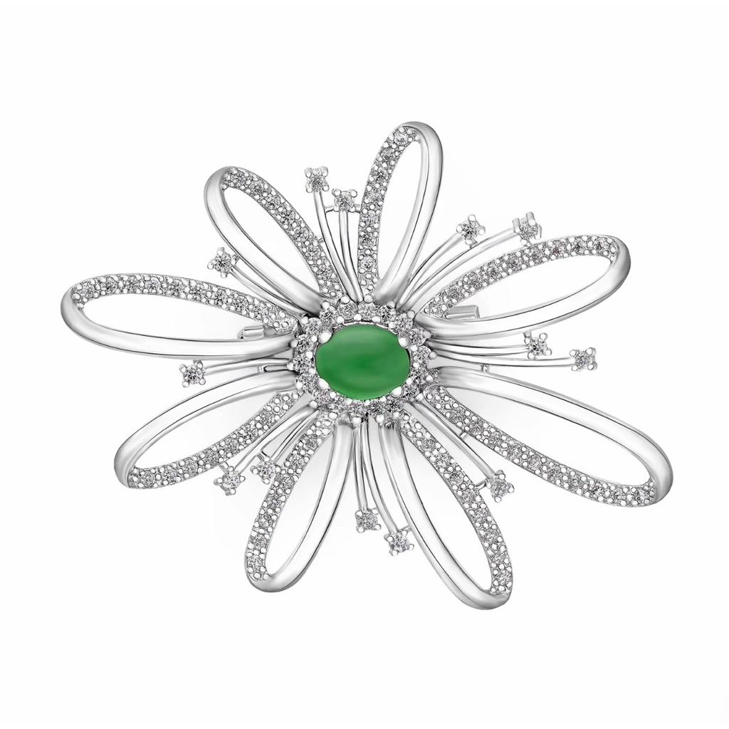 HIJAU [NewTag] เข็มกลัดชุบ Zulian Rhodium ตกแต่งด้วยหินเซอร์โคเนียลูกบาศก์สีขาวและสีเขียว (BH5113)