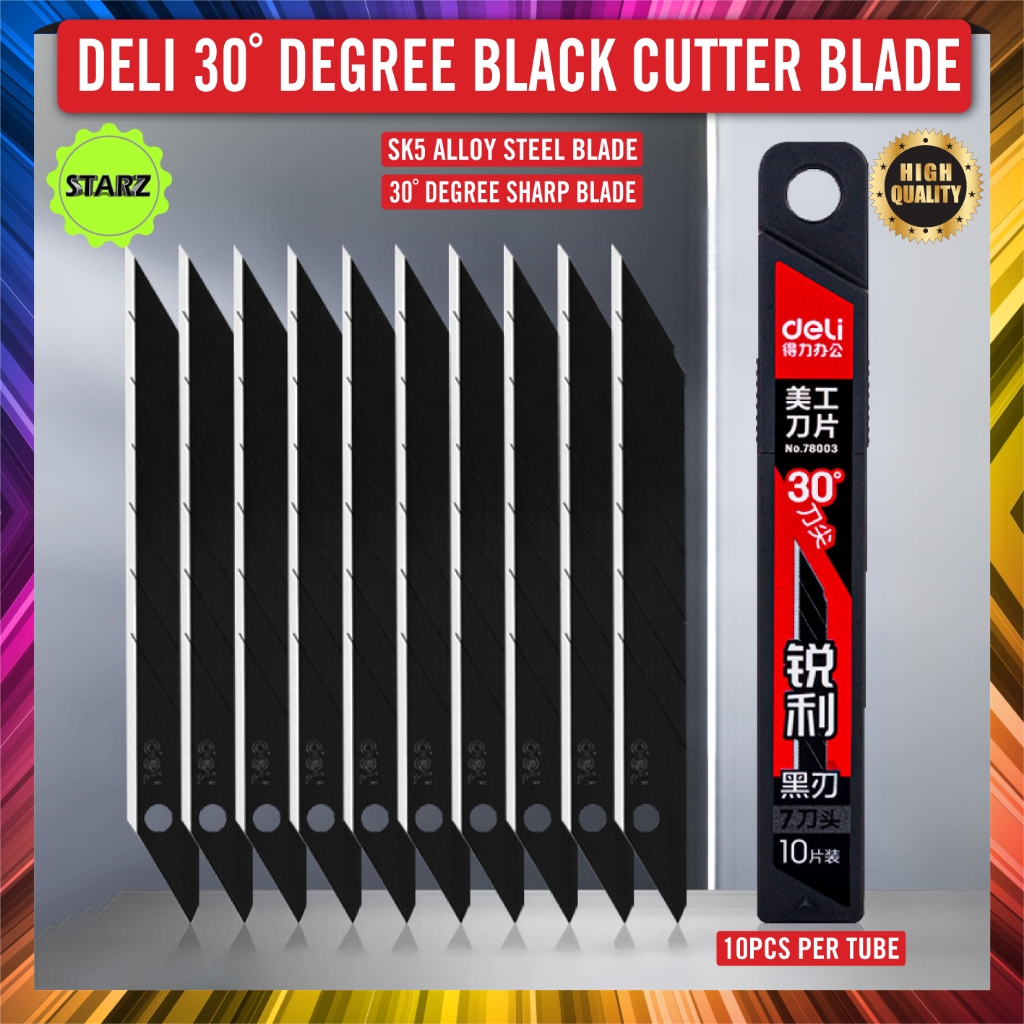 Deli Black Cutter Blade 70mm SK5 Steel Blade / 30 ̊ องศา Sharp Blade 10 ชิ้น/หลอดเล็ก (78003)