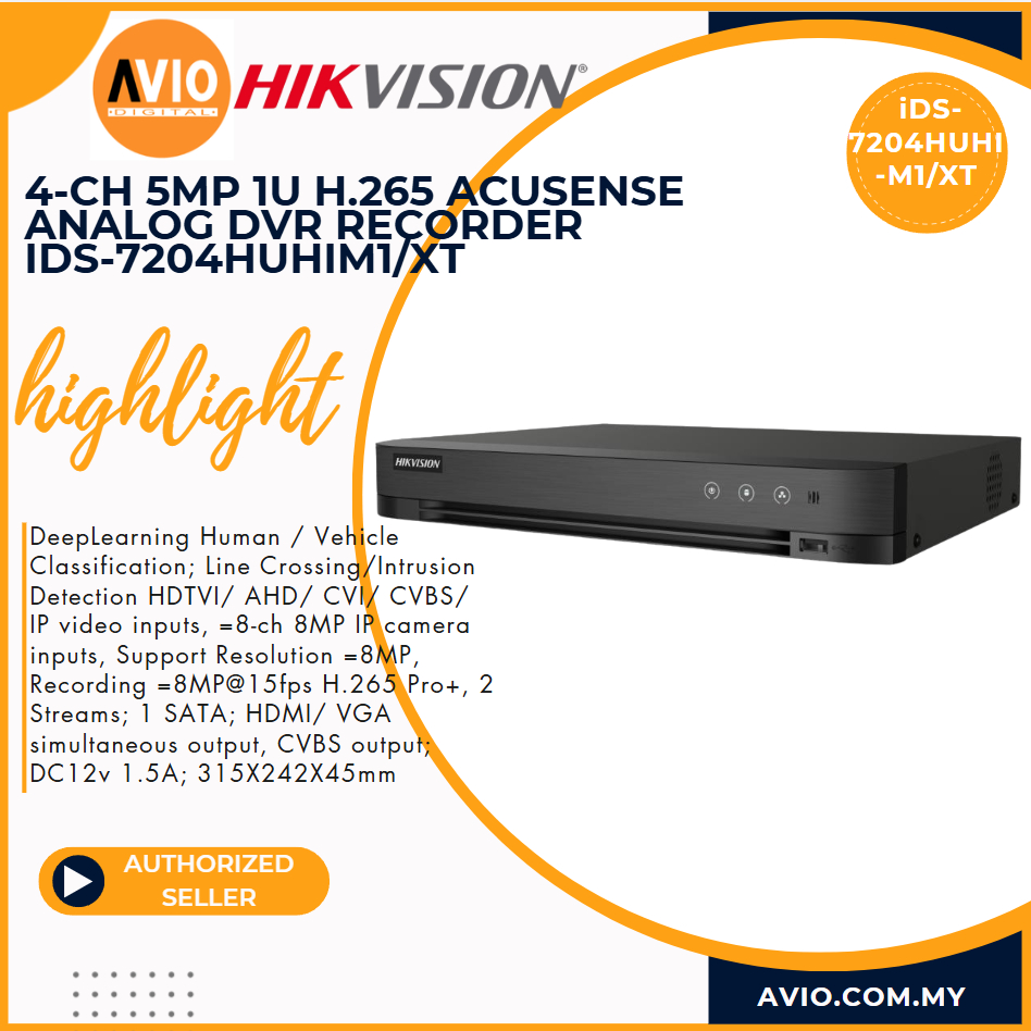 Hikvision 4CH 4 ช่อง 4K 8MP Lite / 5MP 1U H.265 AcuSense กล้องวงจรปิด DVR Recorder iDS-7204HUHI-M1/X