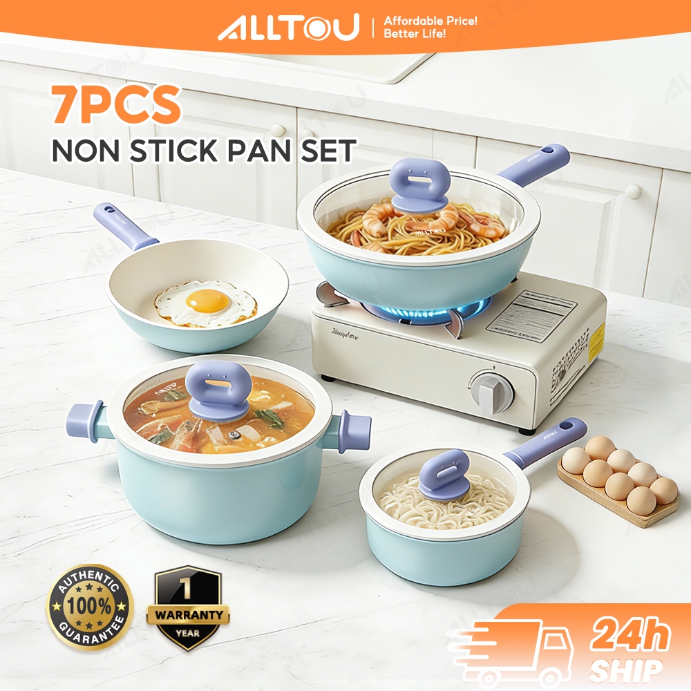 ALLTOU Non-Stick กระทะ & หม้อ 7-IN-1 ชุด Nonstick เซรามิค Rock เครื่องครัว Handle กระทะแบบถอดได้พร้อ