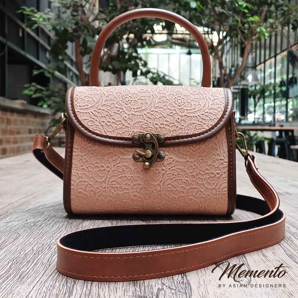 MEMENTO.ASIA Leather Vessel Bag Lace Blossom Pink Women Handbag Shoulder Bag Retro Bag Beg Tangan Wa