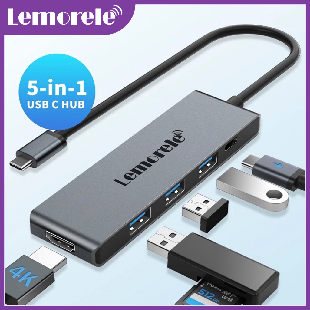 Lemorele TC22L อะแดปเตอร์ฮับ USB C 5 in 1 100W PD 4K HDMI USB 3.0 Multiport