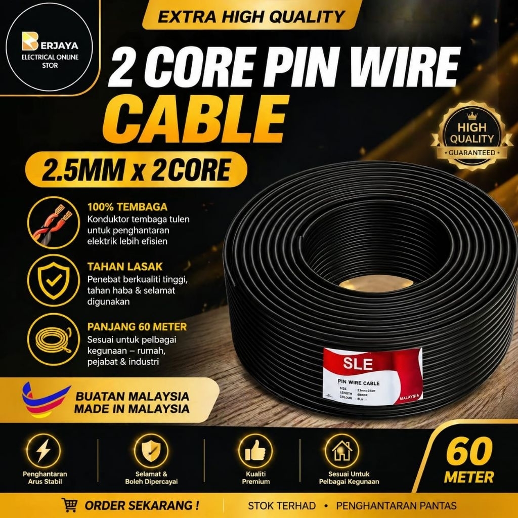 2.5 มม.x 2 CORE PIN WIRE PVC TWIN FLAT CABLE PIN WIRE/PVC INSULATED CABLE/WAYAR LAMPU PASAR MALAM