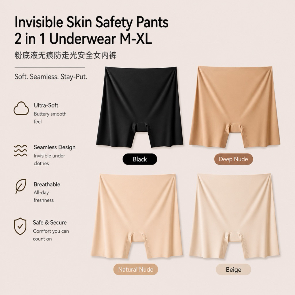 [YiYiSHOP] กางเกงเซฟตี้ผิวที่มองไม่เห็น 2 in 1 ชุดชั้นใน M-XL 粉底液 สําหรับชุดชั้นในสําหรับผู้หญิงที่อ