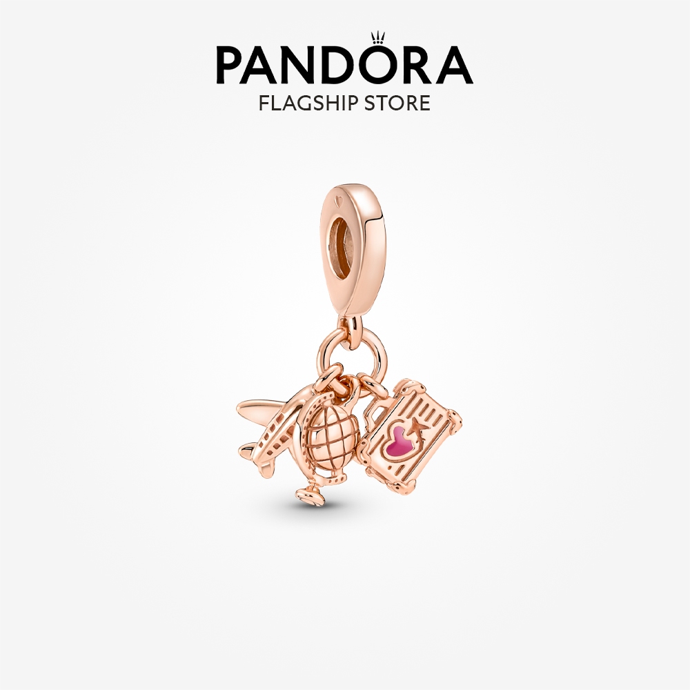 Pandora เครื่องบินชุบทองกุหลาบ 14K, Globe & Suitcase Triple Dangle Charm