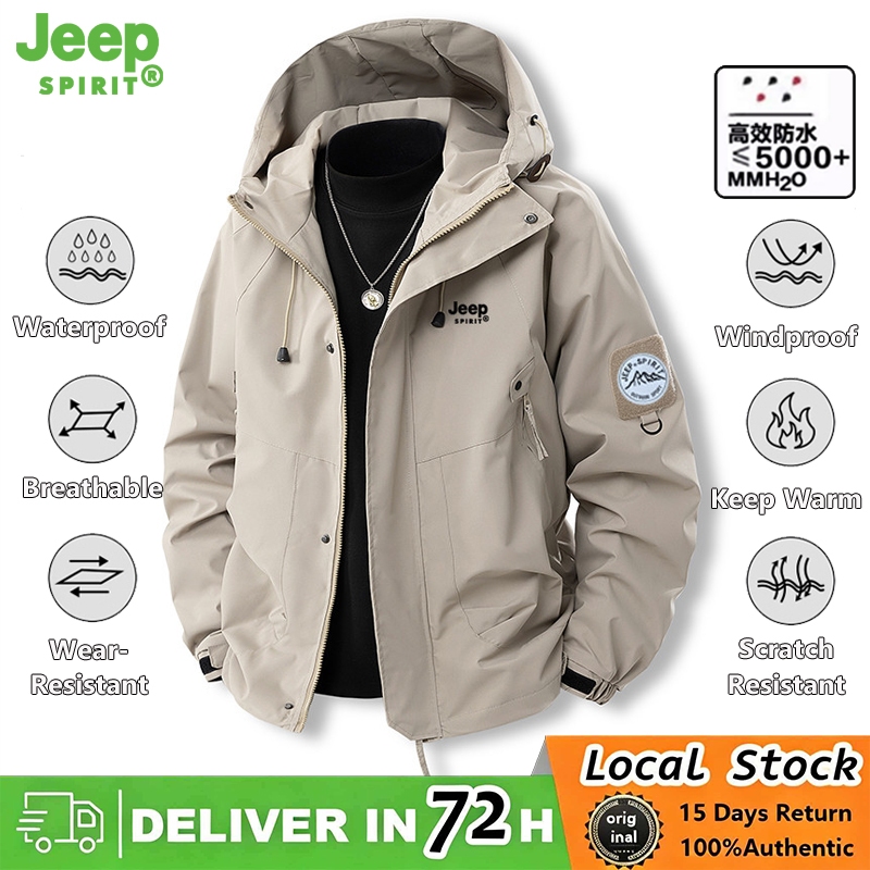 JEEP SPIRIT เสื้อแจ็คเก็ตกันน้ําสําหรับผู้ชายและผู้หญิงเสื้อแจ็คเก็ตมีฮู้ดมอเตอร์ไซค์กันลมสีกากี
