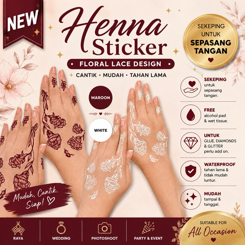 สติ๊กเกอร์ Inai Putih Henna Sticker Tangan Putih Temporary Henna Waterproof Maroon & White
