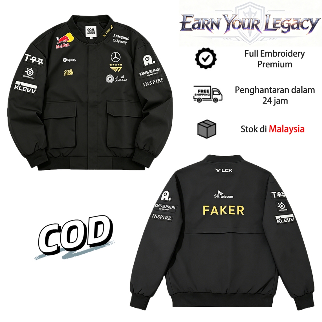 T1 World Faker Jacket Retro Varsity แขนยาวเย็บปักถักร้อย Windbreaker Unisex ซิป