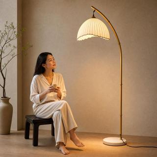 Retro Bamboo Floor Lamp - Unique Bohemian Hanging Arc Floor Lamp with Antique Rattan Style,Dimmable