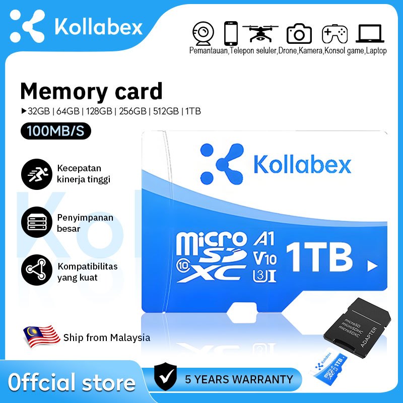 Kollabex Memori Micro SD Class 10 A1 Serasi กล้องวงจรปิด Kamera V380 32GB 64GB 128GB 256GB 512GB 1TB Laju & Stabil