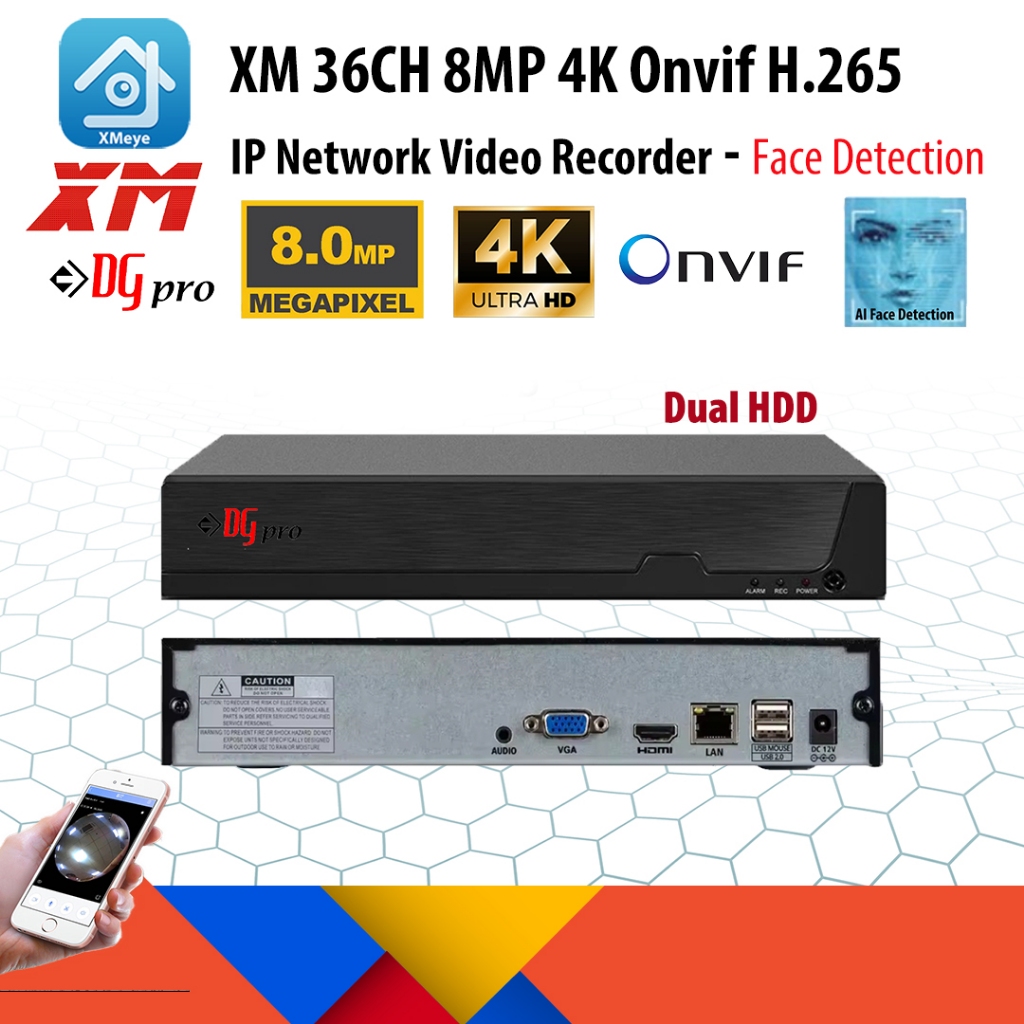 XM DGpro 36Ch 4K 8MP H.265 เครื่องบันทึกวิดีโอเครือข่าย IP NVR - การตรวจจับใบหน้า / แอป XMeye Pro / 