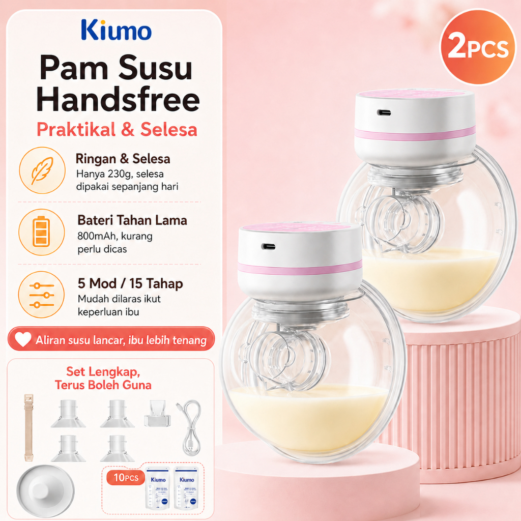 Kiumo เครื่องปั๊มนมแฮนด์ฟรี Pam Susu Elektrik แบบพกพาไร้สายสวมใส่ปั๊ม Susu Ibu BPA ฟรี 5 โหมด 15 ระด