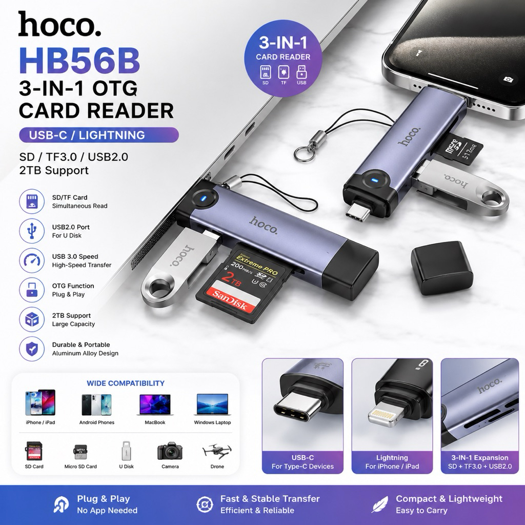 Hoco HB56B USB-C / Lightn!เครื่องอ่านการ์ด ng OTG SD TF3.0 USB2.0 เครื่องอ่านการ์ดหน่วยความจํา 3-in-