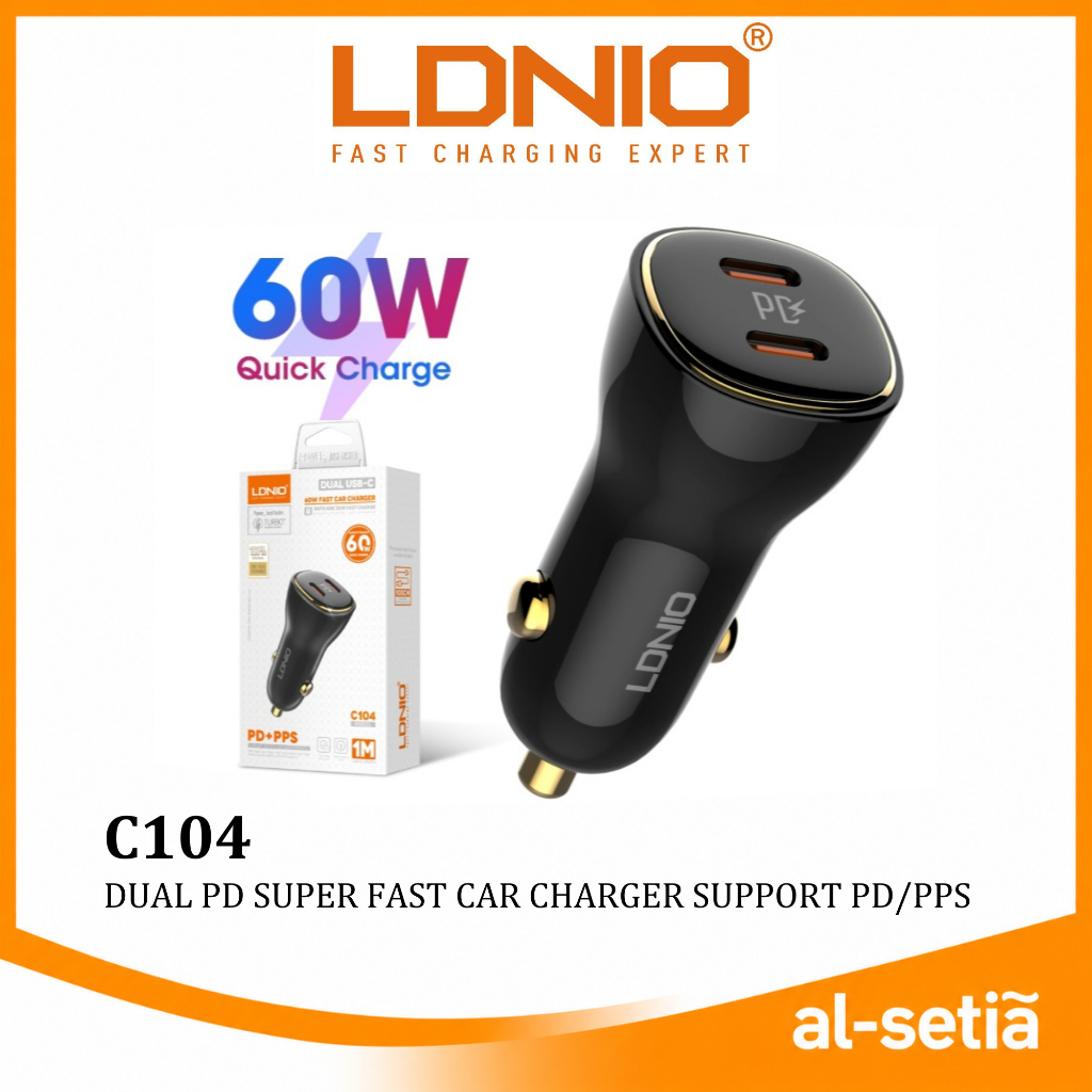 LDNIO C104 (60W DUAL PD30W) / C105 (1-QC30W) / C106 (1-PD30W) - CAR CHARGER SUPPORT QC / PD - สีดํา