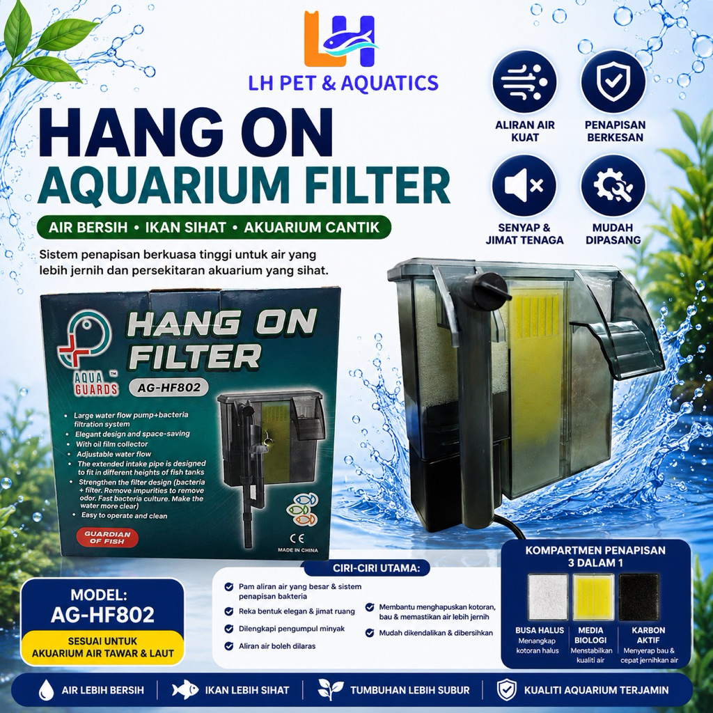 Aqua Guards AG-HF802 Hang On Power Filter | ปรับการไหลได้ | การดําเนินงานเงียบ | กรองตู้ปลา