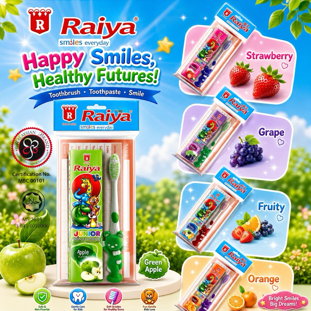 ยาสีฟัน Raiya Kids 3 in 1 พร้อมแปรงสีฟัน 50gm Kids Children Children Kanak Goodies Doorgift