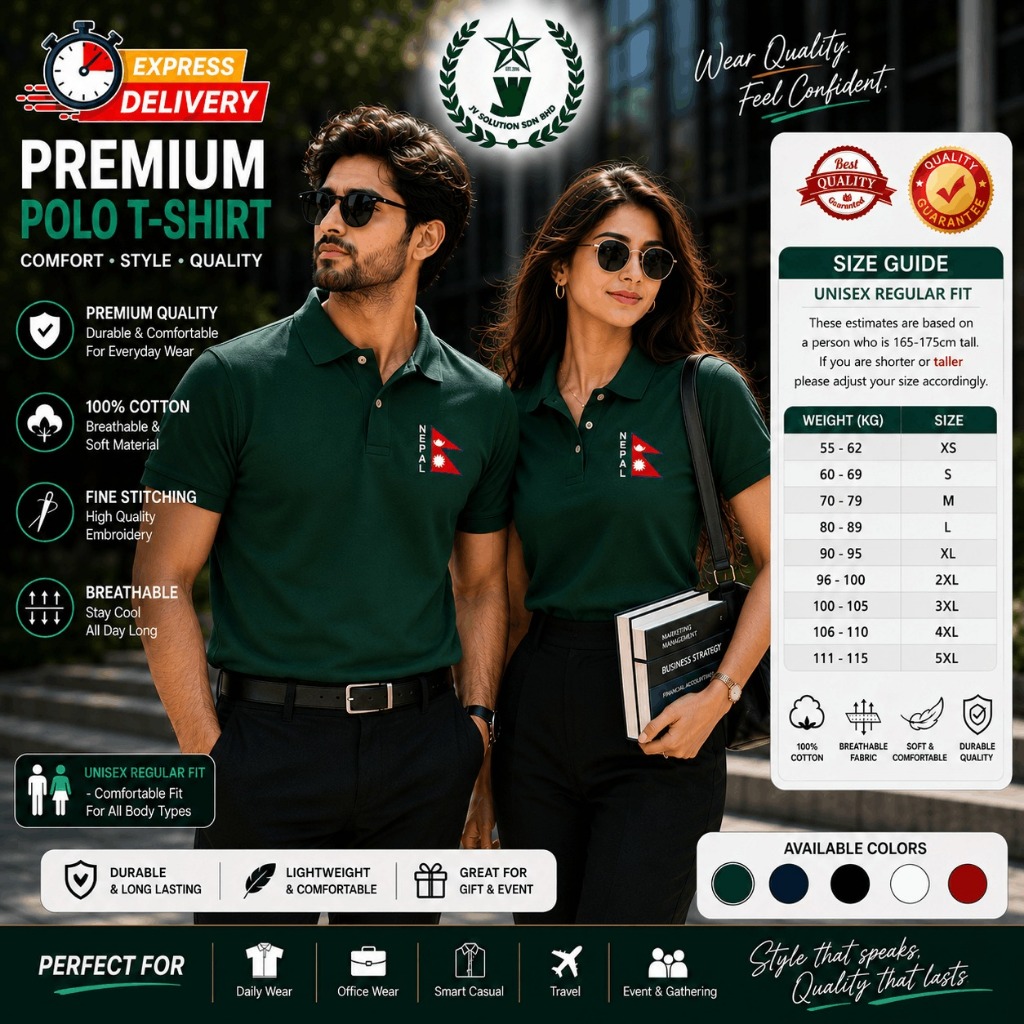 SUPERIOR NEPAL NATIONAL FLAG EMBROIDERY/ การออกแบบ SULAM 220GSM GRAND COTTON POLO SHIRT สําหรับผู้ชา