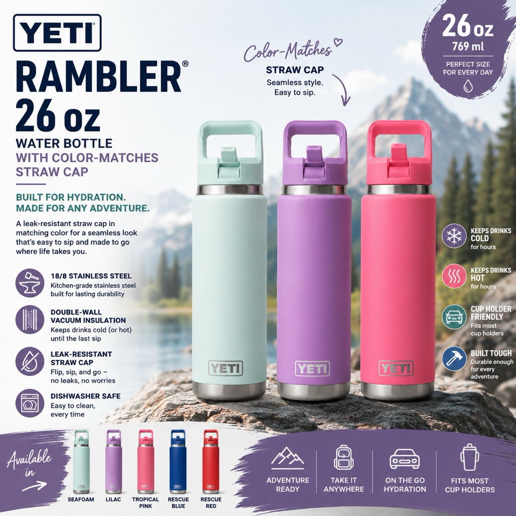 YETI Rambler 26oz (769ml) ขวดน้ําพร้อมฝาฟางสีเข้ากัน