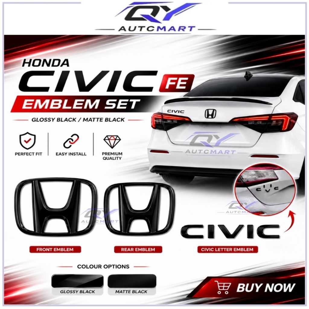 Honda Civic FE ด้านหน้าด้านหลัง Emblem Civic Wording โลโก้ Matte/Glossy Black โลโก้ FE โลโก้ Civic F