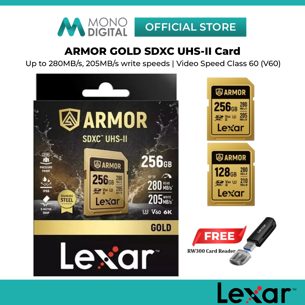 Lexar ARMOR GOLD SDXC UHS-II การ์ด 280MBs อ่าน 205MBs เขียนการ์ดหน่วยความจํา IP68 กันน้ําสแตนเลสกรณี