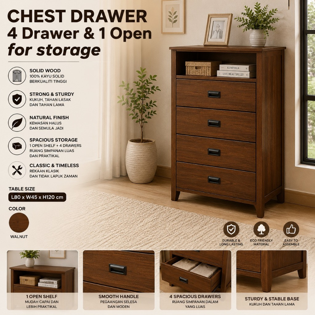 Familystar2u Full ไม้เนื้อแข็งหน้าอกลิ้นชัก 4 Drawers ห้องนอนห้องนั่งเล่นเสื้อผ้าหนังสือของเล่นจัดเก