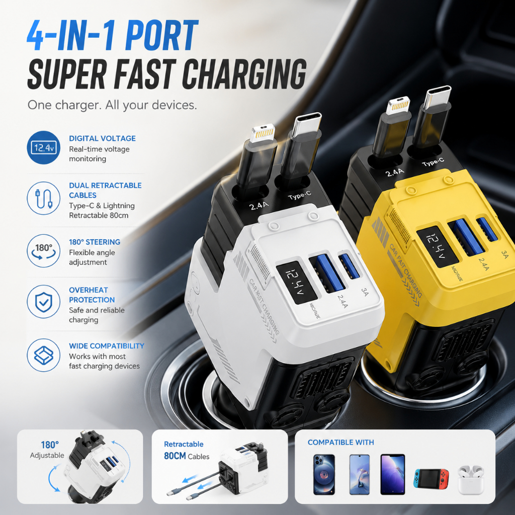 4 in 1 Retractable Car Charger 120W Car Super Fast Charger Retractable Lightning Type-c In-Car Charg