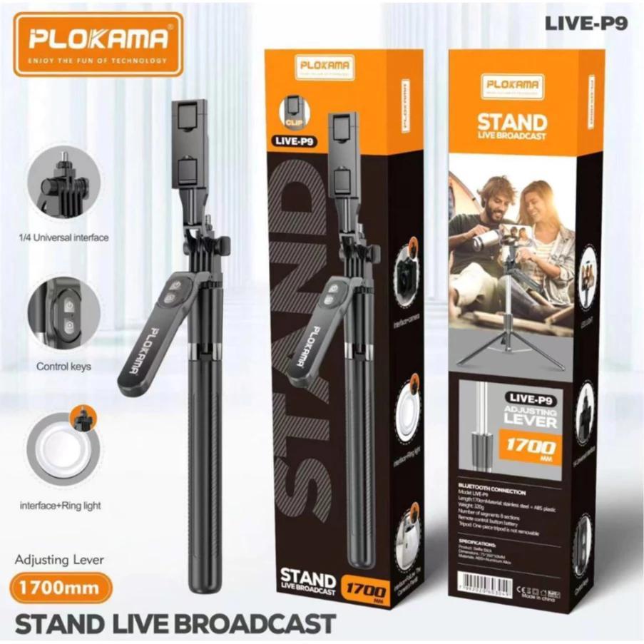 Plokama Live-P9 Live-P9 LED Super Solid 170 ซม.ขาตั้งกล้องสําหรับโทรศัพท์ Travel Selfie Stick ขาตั้ง