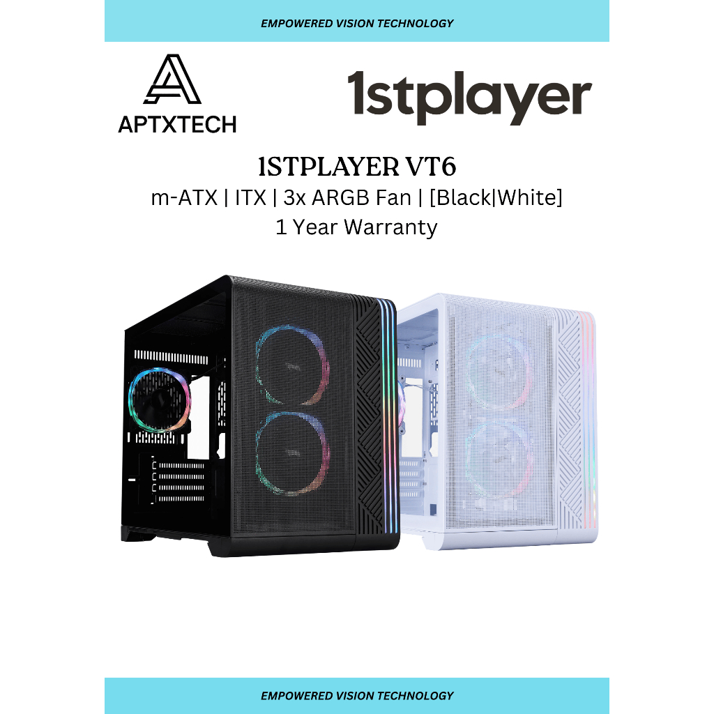 1st Player VT6 ATX Micro-ATX High Airflow Mesh Gaming Case สีดําสีขาว