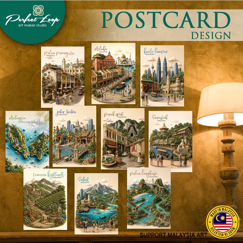 Postcard Design Malaysian Popular States & Landmarks 3D Graphic Drawing Concept (BUY 10 FREE 1)
