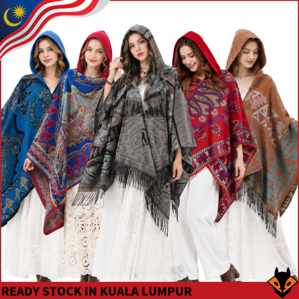 Bohemian Hooded Poncho Cape Collection Boho Winter Shawl & Casual Outerwear สําหรับผู้หญิง